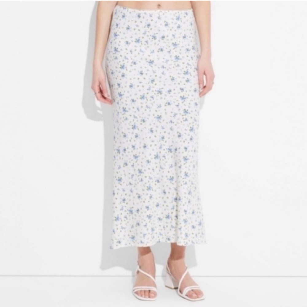 Wild Fable Linen Blend Maxi Skirt Elastic Waist White Floral | Large